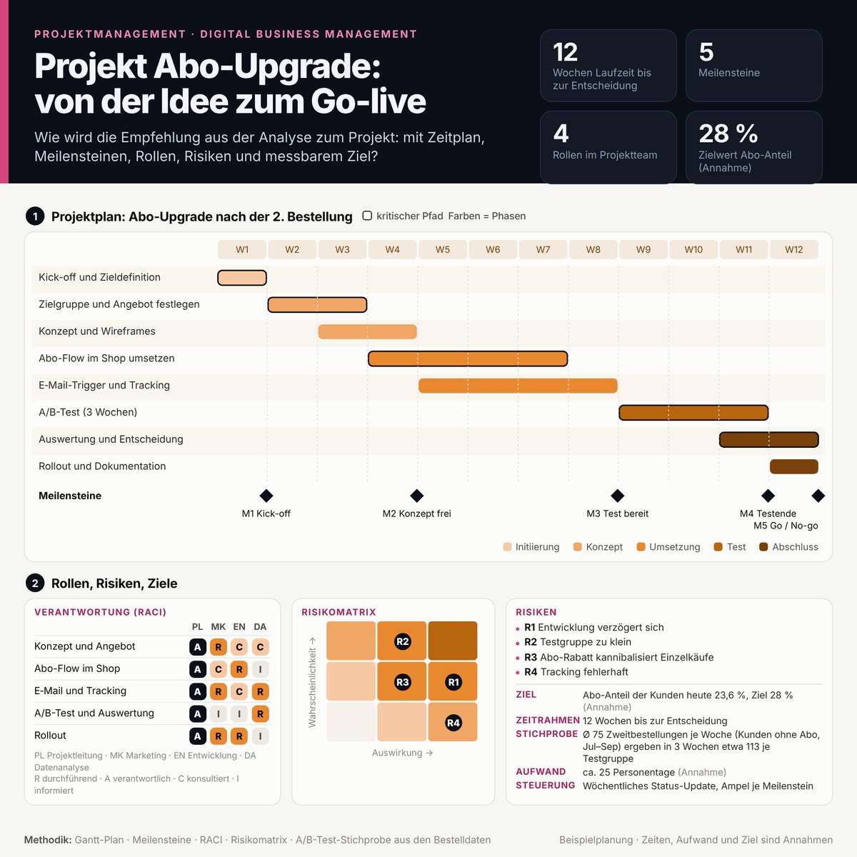 Projektplan Abo-Upgrade mit Gantt-Diagramm, Meilensteinen, RACI-Matrix und Risikomatrix